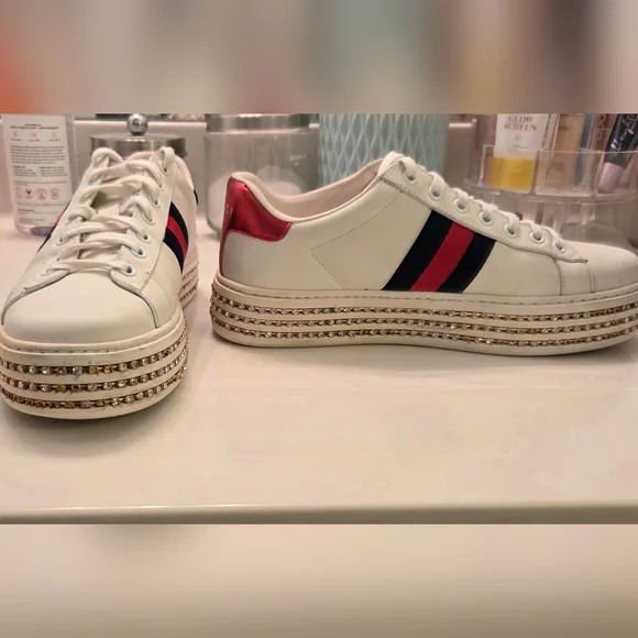 Gucci Women’s Ace Embellished Crystal White Sneakers 37 - Picture 5 of 9